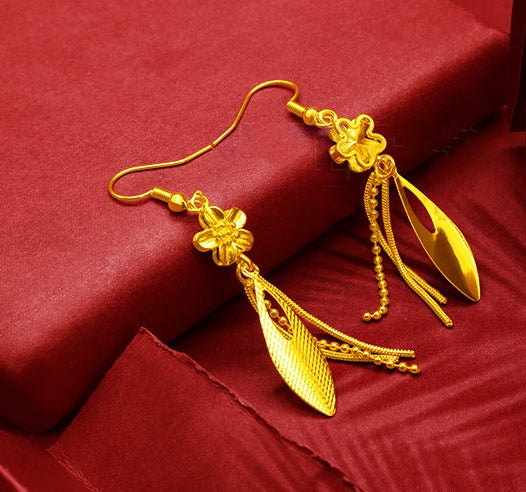 Heveras Designer Gold-Plated Earrings Female Tassel Flower Asymmetric Earrings Sand Gold-Plated Earrings Leaf Mother Exaggerated Wedding Fake Jewelry