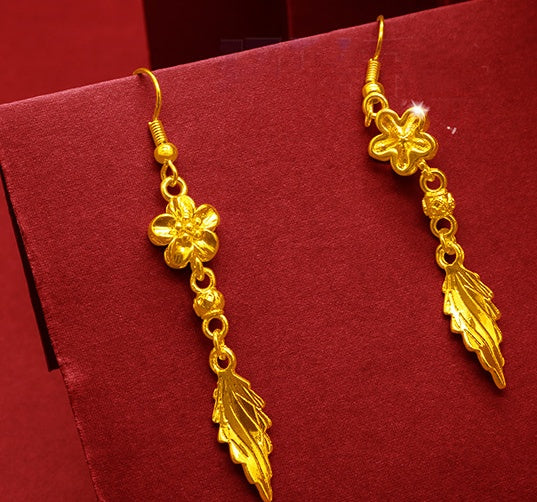 Heveras Designer Gold-Plated Earrings Female Tassel Flower Asymmetric Earrings Sand Gold-Plated Earrings Leaf Mother Exaggerated Wedding Fake Jewelry